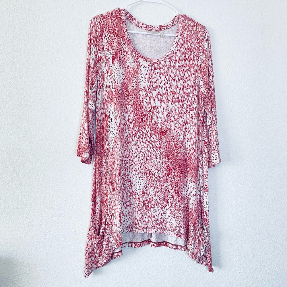 🍓 LOGO By Lori Goldstein Knit Spotted 3/4 Sleeve Lagenlook Tunic Top Medium